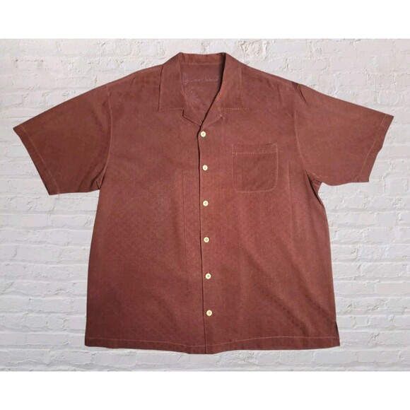 TOMMY BAHAMA Hawaiian Camp Shirt Mens XL Wine Silk Embossed Chessboard Tropical - Picture 1 of 6